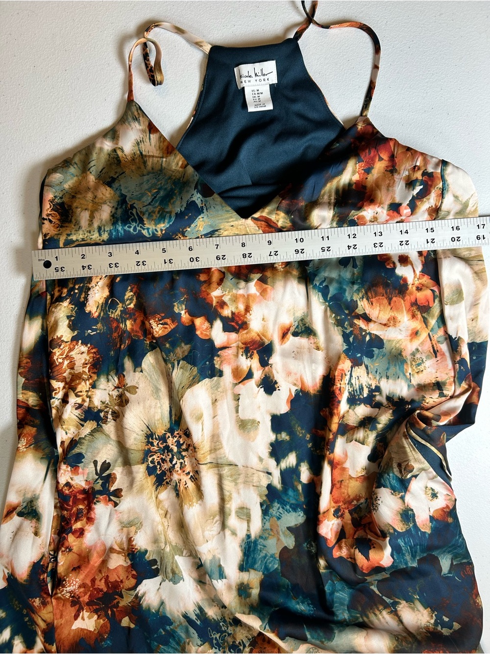NICOLE MILLER Satin Floral Maxi Slip Dress M Racerback Watercolor With Pockets - Picture 9 of 16